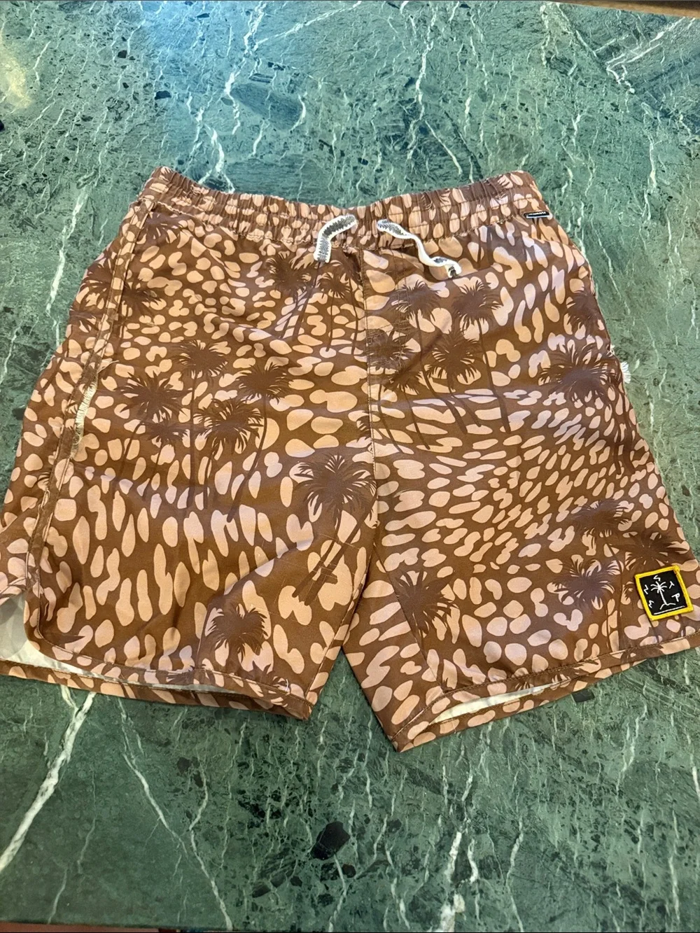 🤎 Munster Brown and Tan Palm Print Kids (12) Swim Trunks (needs sewing love) 🤎